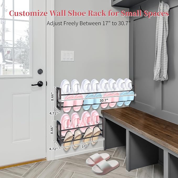 3 Pack Wall Mounted Shoe Rack for Narrow Spaces, Hanging Shoe Rack Holds 24 Pairs, 17"-30"Adjustable Heavy Duty Wall Shoe Storage with 6 Storage Hooks, Space Saving for Closet Entryway Door, Black