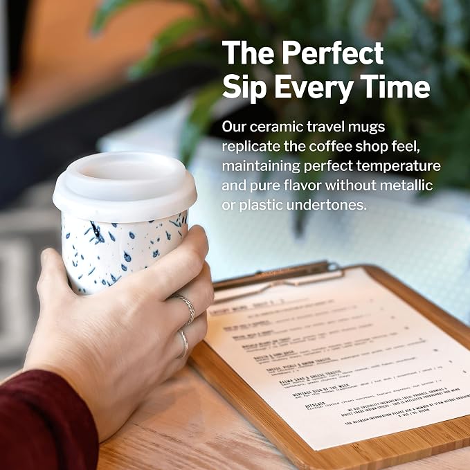 NOVA CERAMICS Travel Mug - Travel Size Mug – Reusable Coffee Mug Unique to Go Mug – Microwave & Dishwasher Safe Coffee White & Blue Tumbler - Gifts for Women Men Him Her – 12oz – Orchid