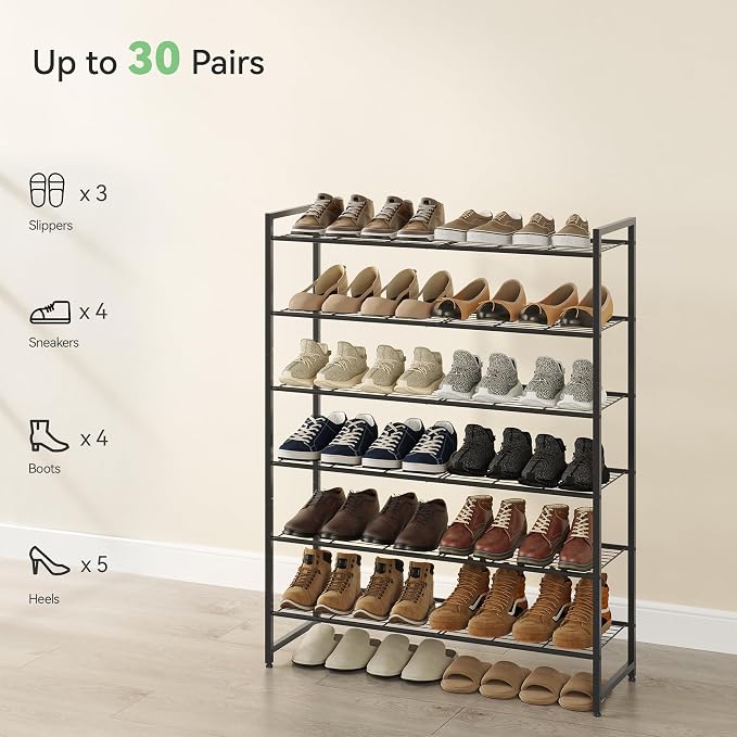 Nunsino Shoe Rack, Metal Shoe Organizer, 6 Tier Garage Shoe Rack Max Holds 30 Pairs,Shoe Storage Shelf for Closet,Entryway, Black