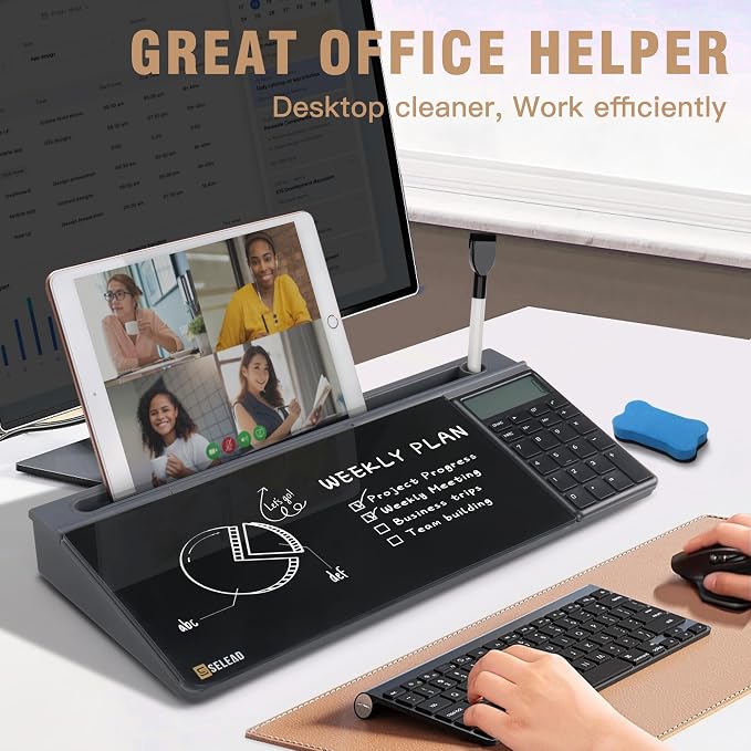 SELEAD Desktop Glass Whiteboard with Calculator, Dry Erase Board Computer Pad Keyboard Stand with Organizer Drawer for Home, School, Office Desk Accessories, Black