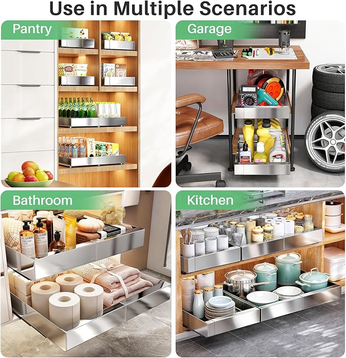Pull out Cabinet Organizer, Stainless Steel Expandable(12"-20") Heavy Duty Slide out Drawers Fixed with Adhesive Nano Film for Pots, Roll out Shelf Storage for Kitchen Base(Silver-2pcs)(3 Rails)