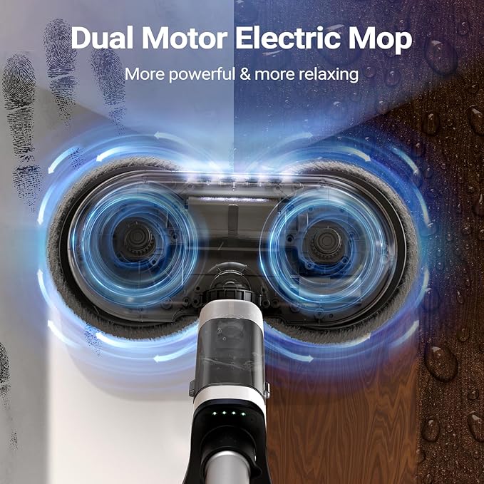 iDOO Electric Cordless Spin Mop, Electric Mops for All Floor with Sprayer & LED Headlight, Quiet Self Propelled, Water Tank 4 Replaceable Heads, for Women