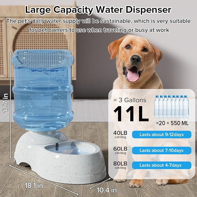 Kenond 3 Gallon Large Dog Water Dispenser, Automatic Gravity Water Bowl | Wide Mouth, Easy to Clean/ Gravity Filled/ Large Capacity/ Multi Pet Home