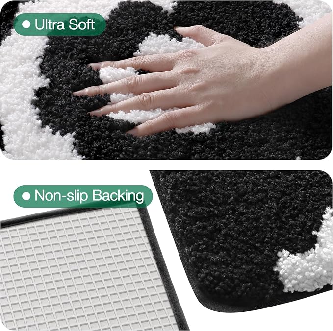 LUMI Bathroom Rugs Cute Floral Design, Soft Absorbent Microfiber Bath Mat Non-Slip, Machine Washable Quick Dry Luxury Rug Flower Black and White for Floor, Bathtub, Home Decor, 20"x32"