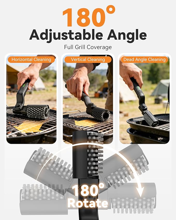 Electric Grill Brush, 3-Speed Cordless Adjust Rotary BBQ Cleaner for Burnt-On Grease on Gas, Charcoal & Smoker Grates, 20kg Max Torque & Heavy-Duty Steel Bristles (2 Replacement Head)