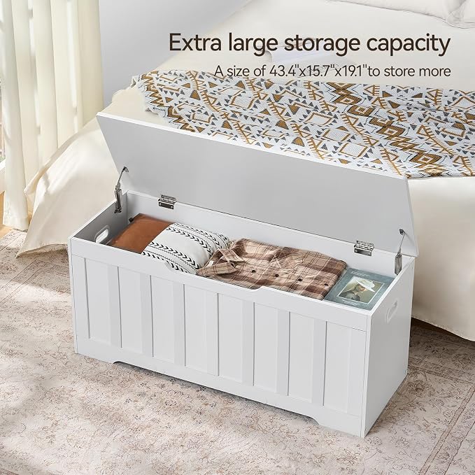 VANKILEY 43.3" Storage Chest Extra Large,Storage Trunk with 2 Safety Hinges,Wooden Storage Bench,Shoe Bench,43.3x15.7x19.1 Inch,Easy Assembly,Storage Bench for Bedroom,Living Room,entryway(White)