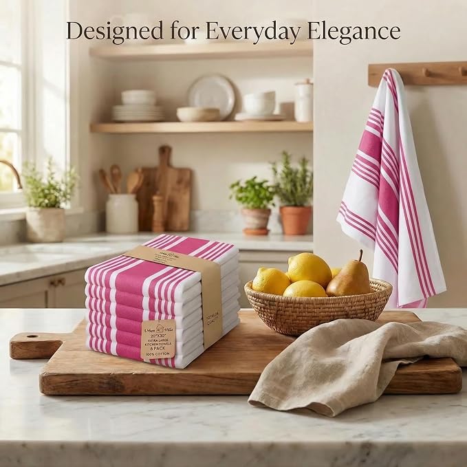 Urban Villa Kitchen Towels 100% Cotton Dish Towels for Kitchen(Set of 6)20”x30” Dish Cloths Highly Absorbent Kitchen Linen Set with Hanging Loop Perfect for Drying Dishes Cleaning Towels-Fuchsia White