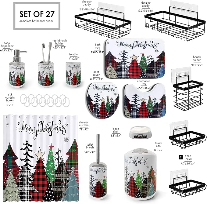 Clara Clark Bathroom Accessories Set - Christmas Shower Curtain Set, 27PC Xmas Bathroom Set with Adhesive Corner Shower Caddy Hanging, Christmas Bathroom Sets with Shower Curtain and Rugs