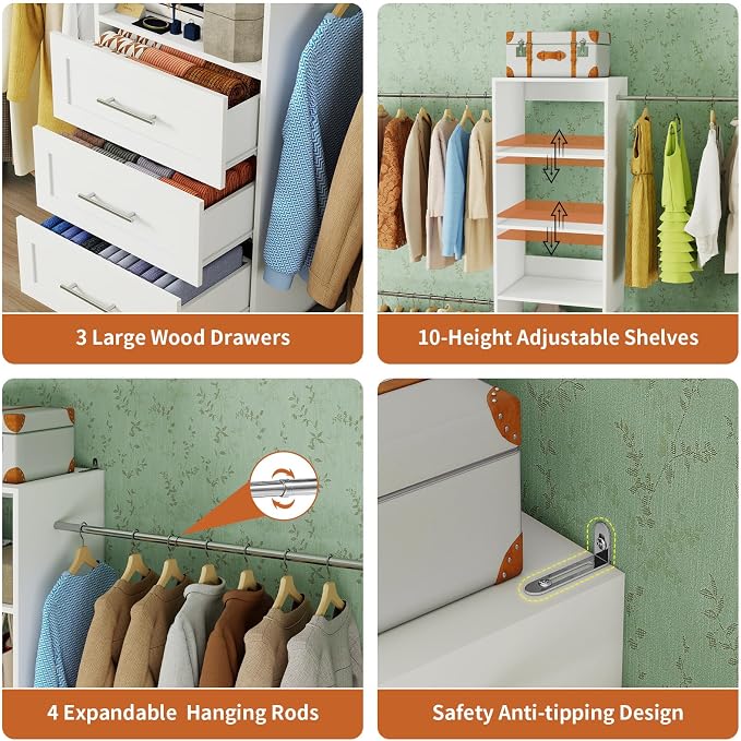 Fastgo Closet System with Drawers, 5-9FT Closet Organizer System with 4 Expandable Rods & Adjustable Shelves for Walk in Closet, 96” Built in Closet System Tower, Small Closet Storage System, White