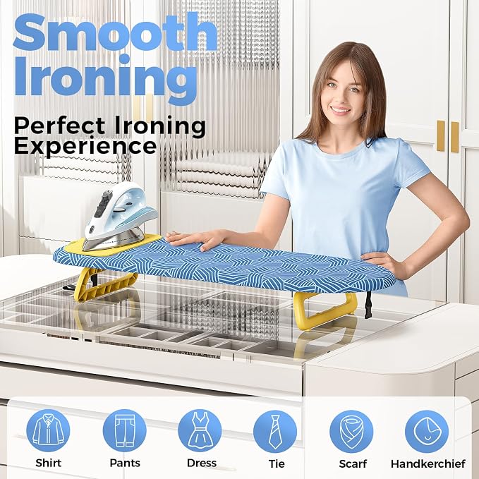 KINGBOARD Tabletop Ironing Board, Small Ironing Board with Iron Mat, Foldable Mini Iron Board, Easy Storage for Travel & Dorm, 12x32 Blue & Yellow