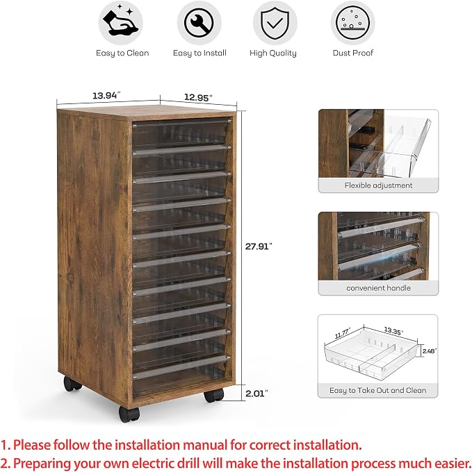 WOPITUES Storage Drawer Cart, Mobile Storage Cabinet, Makeup Storage with 10 Large Clear Drawers, Utility Wooden Rolling Cart on Wheels, for Cosmetic, Art Craft, Office Supplies, Toy, Brown
