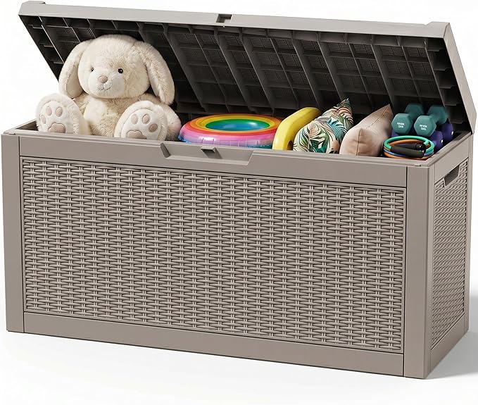 Outdoor Storage Box,98 Gallon Waterproof Resin Patio Deck Box | UV Resistant Lockable Package Delivery Bin, Toy Cabinet, Shoe & Garden Tools Storage, Ottoman, Indoor/Outdoor