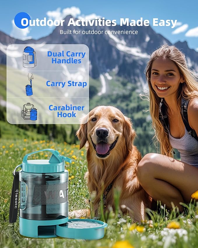 lesotc Portable Dog Water Bowl Dispenser - 77oz Travel Water Bottle with Pop-Out Drinking Bowl, No-Spill Design for Camping, Hiking & Car Rides - Keep Your Dog Hydrated Anywhere, LightBlue