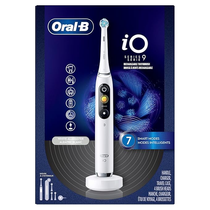 Oral-B Rechargeable Electric Toothbrush, iO9 Genius, 7 Cleaning Modes, Interactive Display, Charging Travel Case, Visible Pressure Sensor, 4 Brush Heads, White Alabaster