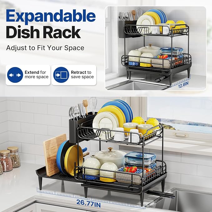 Urackify Dish Drying Rack for Kitchen Counter, Expandable 2 Tier Dish Rack, Large Capacity Dish Drainer with Drainboard Multifunctional Dish Strainer with Removable Cutlery Holder Black | 2 Tier. Expands from 16.9 to 26.6 inches to fit more dishes, wit...
