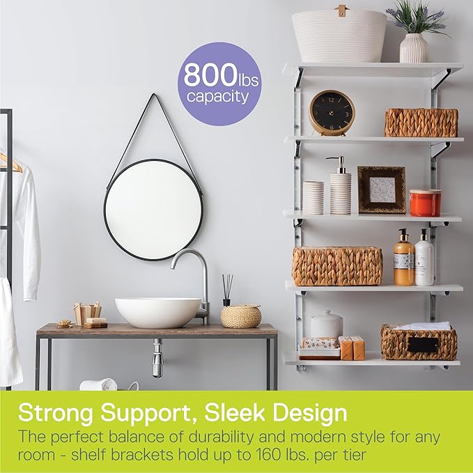 Delta Minimalistic White Shelf Brackets Cycle, Set of 10 Fully Adjustable 12-inch Heavy Duty Shelf Brackets, Holds Up to 800 lbs, Modern Shelf Bracket for Wood Shelves