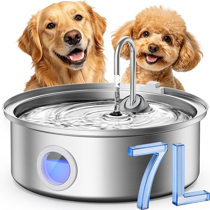 Oneisall Dog Water Fountain PWF002 with 1Filters | 304 Stainless Steel, Visual Water Level, 25dB Ultra-Quiet, 5-Stage Filtration, Dishwasher-Safe,Living Room Kitchen for Dog