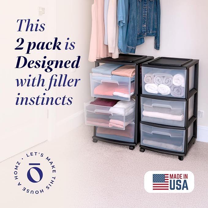 HOMZ 2-Pack Drawer Tower, 3-Tier Clear Plastic Storage Organizer Cart, Black Frame - Organizing Containers with Wheels for Home, Bathroom, Bedroom, Office, and Classroom