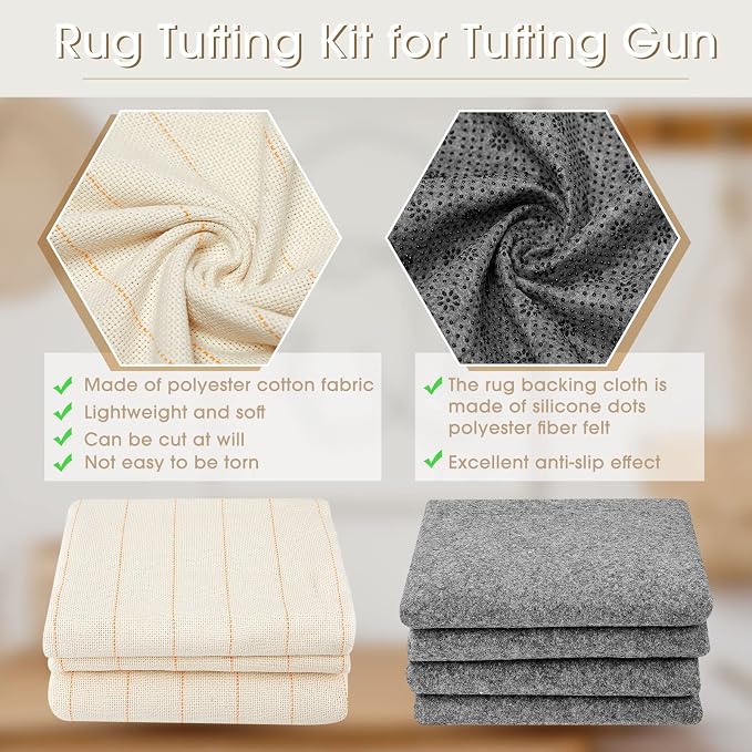 Tudomro 4 Pcs 79'' X 118'' Monks Cloth for Rug Non Slip Backing | Tufting Backing Cloth with Anti-slip Dots, Includes Cleaning Brush and Scraper for DIY Rug Making, Durable Weave Fabric