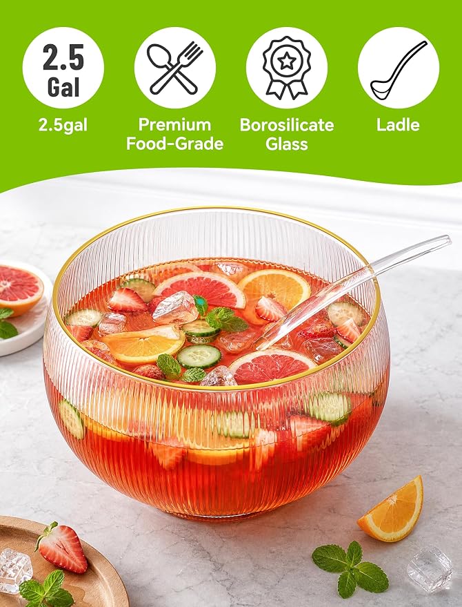 NiHome Glass Punch Bowl Set with Ladle, 2.5 Gal Gold Rim Ribbed for Parties | Borosilicate Crystal Clear, Hand Wash. Large Capacity for Wedding, Birthday, Holiday, Cocktails, Drinks, Salads, Snacks