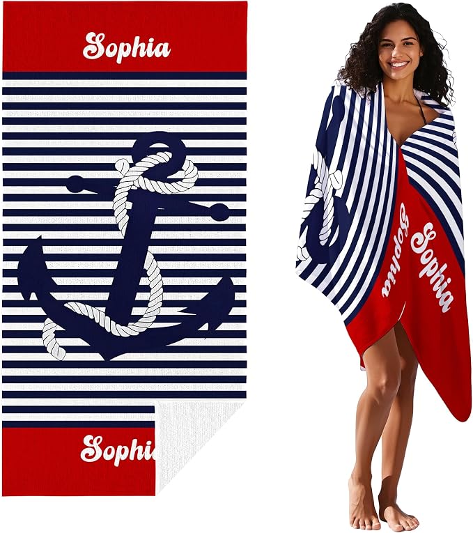 JML Personalized Beach Towel with Name, Custom Anchor Beach Towel, Customized Microfiber Pool Towel, Quick Dry & Absorbent Swim Towel for Adult,Anniversary, Birthday, Summer Holiday,Vacation