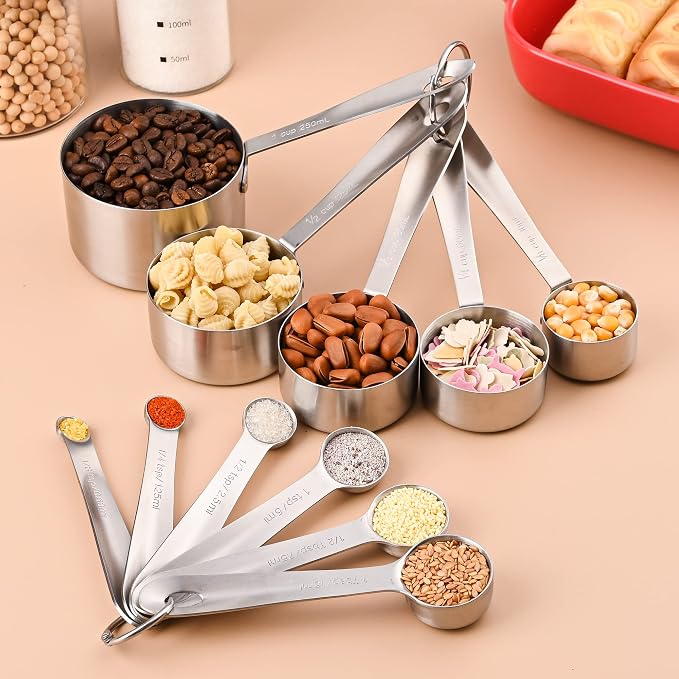 Measuring Cups and Spoons Set 11, 18/8 Stainless Steel Measuring Cups and Spoons for Dry & Liquid, 5 US & Metric Measure Cups and 6 Measure Spoons Set for Kitchen & Baking Measuring Tools