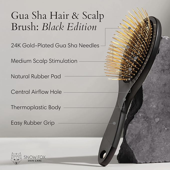 Snow Fox Skincare Gua Sha Hair Brush - Black Edition. Scalp Massage Comb with Gold-Plated Metal Bristles for Healthy Follicles. Soothing Gua Sha Acupressure Tool for All Hair Types