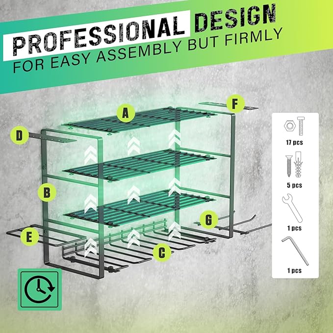 SUNALLY Power Tool Organizer, 4 Drill Holder Wall Mount, Garage Tool Organizer and Storage with Screwdriver Holder, Garage Organization, 4 Layer Cordless Drill Holder with Hammer Holder