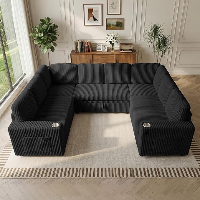 Oversized U Shaped Sectional Sleeper Sofa with Pull Out Bed, Black | 8 Seat Modular Design, Hidden Storage Space, Soft Corduroy Fabric, USB Charging, Cup Holders, Removable Covers, Easy Assembly