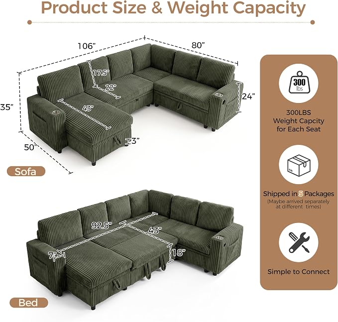 106 in L-Shaped Sectional Sleeper Sofa Couch for Living Room, Green | Pull Out Bed, 7 Seat Modular Design, Hidden Storage Space, USB Charging, Cup Holders, Soft Corduroy Fabric, Easy Assembly