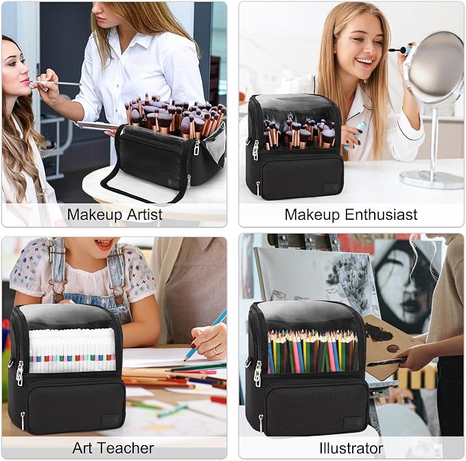 TANTO Makeup Brush Bag, Makeup Brush Holder Travel Extra Large Make up Brush Organizer Case Stand-up Makeup Cup Foldable Pro Cosmetic Artist Storage Bags with Adjustable Divide (01A-Black,X Large)
