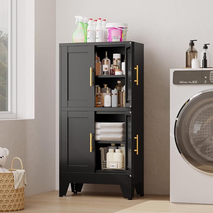 GAIOUS 47.25" Metal Storage Cabinet, Black Kitchen Food Cabinet with 4 Door | and 2 Adjustable Shelves, Freestanding Bathroom Cabinet, Pantry for Kitchen Dinning Room Bathroom, Cupboard, Food Storage