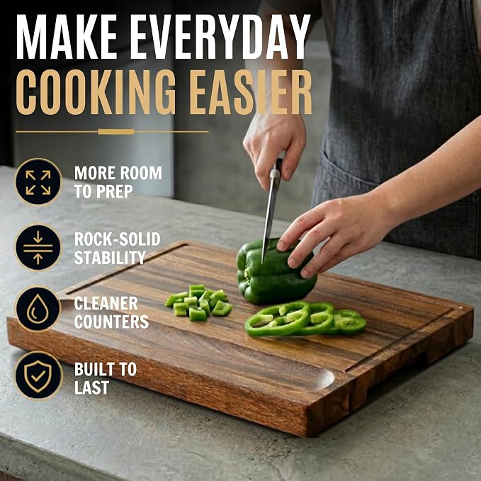 SHUMARU Exotic Suar Wood Cutting Board – 17x13x1.6" Charcuterie | Handmade in Bali - Silky-Smooth, Juice Groove, Sorting Compartment, Knife‑Friendly, Ergonomic Grips & Non‑Slip Feet
