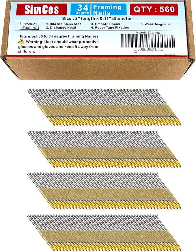 34-30 Degree Framing Nails, 2 Inch, 560-Pack | 304 Stainless Steel, D Head, Smooth Shank, Paper Tape Strip, For 30 to 34 Degree Framing Nailer