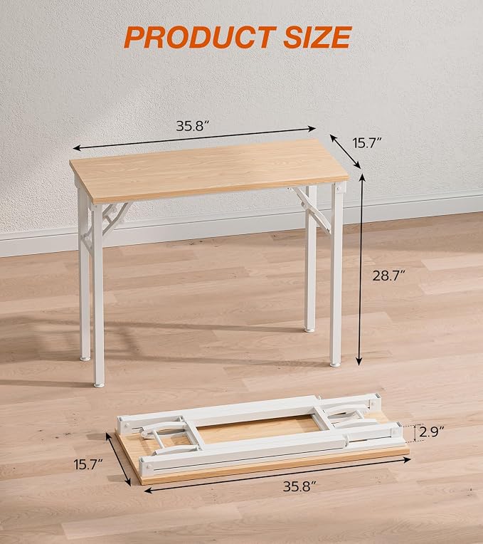 XBurmo Folding Desk Foldable Table, No Assembly 35.8" Foldable Desk Space-Saving Workstation for Small Space, Computer Table, Flat Storage for Home Office, Bedroom, Dorm, Study Room, Light Maple