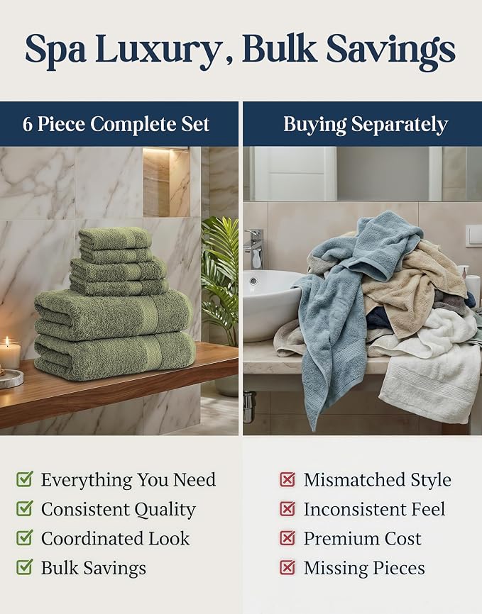 LANE LINEN Bath Towel Set 100% Cotton 6 Piece Soft Absorbent - Oil Green | Bath Towels Set Of 6 - Densely Woven, Coordinated Colors, Dobby Border Accent, OEKO-TEX Certified, Ring-Spun Durability