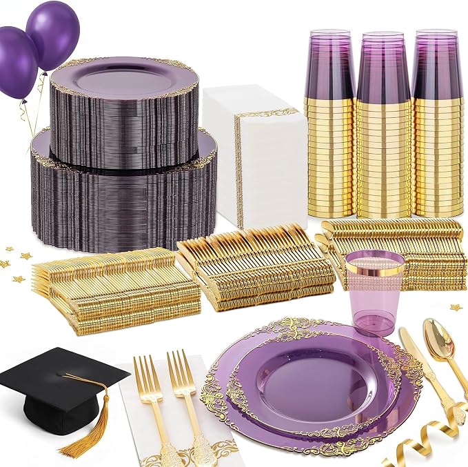 Nervure 350PCS Purple Plastic Plates - Purple Plastic Dinnerware Sets for 50 Guests - 100 Disposable Plates, 150 Gold Silverware, 50 Cups, 50 Napkins for Wedding & Party