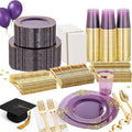 Nervure 350PCS Purple Plastic Plates - Purple Plastic Dinnerware Sets for 50 Guests - 100 Disposable Plates, 150 Gold Silverware, 50 Cups, 50 Napkins for Wedding & Party