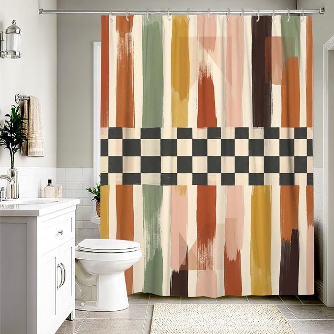 Brush Patterns Shower Curtain, Modern Abstract Checkered Stripes Fall Earth Tones Waterproof Fabric Decorative Bathroom Curtain for Bathroom Bathtub Apartment Decor 54x78 Inch