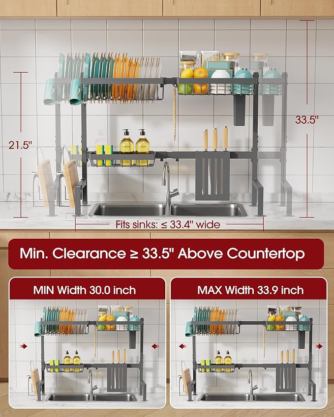 Sakugi Over The Sink Dish Drying Rack - Adjustable 2 Tier Large Capacity Stainless Steel Drainer with Cutlery & Utensil Holders, Kitchen Storage & Organization, 30"-33.9" L x 11" W x 21.5" H, Gray