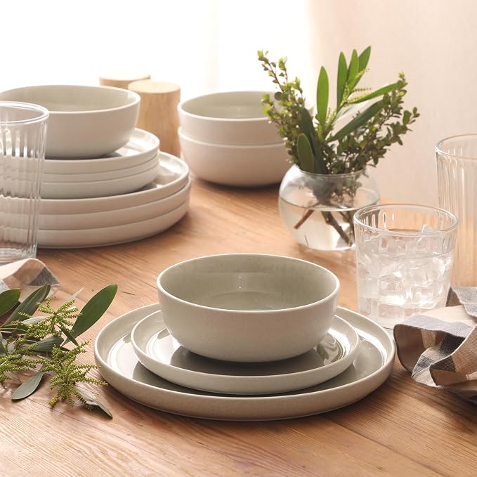 Gibson Elite Tahoe Sunset 12-Piece Reactive Stoneware Dinnerware Set – Matte Exterior & Shiny Interior Plates and Bowls, Durable Everyday Dish Set, Microwave & Dishwasher Safe - Grey