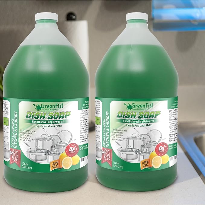GreenFist Green Dish Soap [ Lemon Scent ] Manual Pot & Pan Professional Detergent Liquid Refill Pot & Pan Dish-Wash, 128 ounce (1 Gallon) 2 Pack