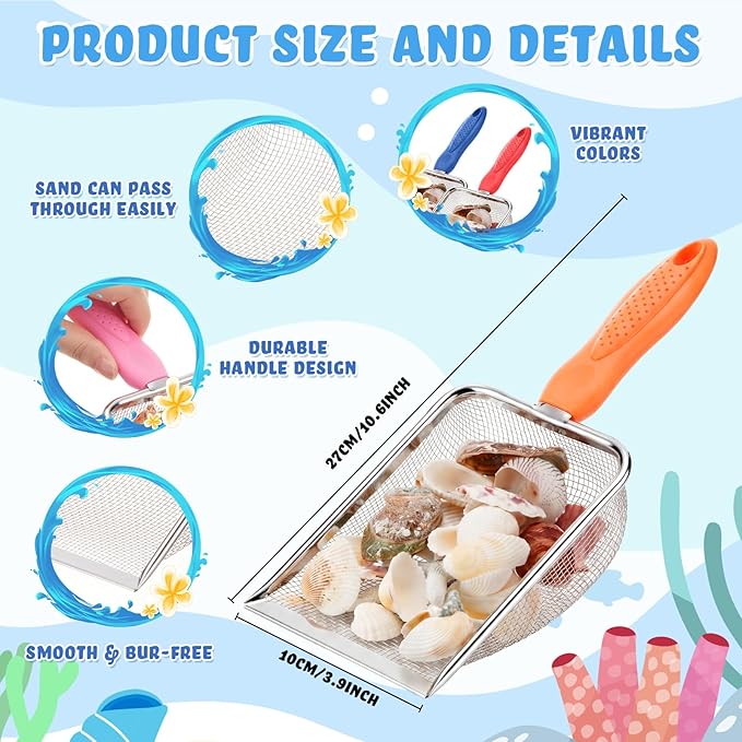 8 Pcs Sand Sifter with Shelling Bags for Beach Mesh Shovel with Mesh Bag for Shell Collecting Shark Tooth Sifter Filter Sand Scooper for Picking up Shells Beach Essentials Vacation Tools