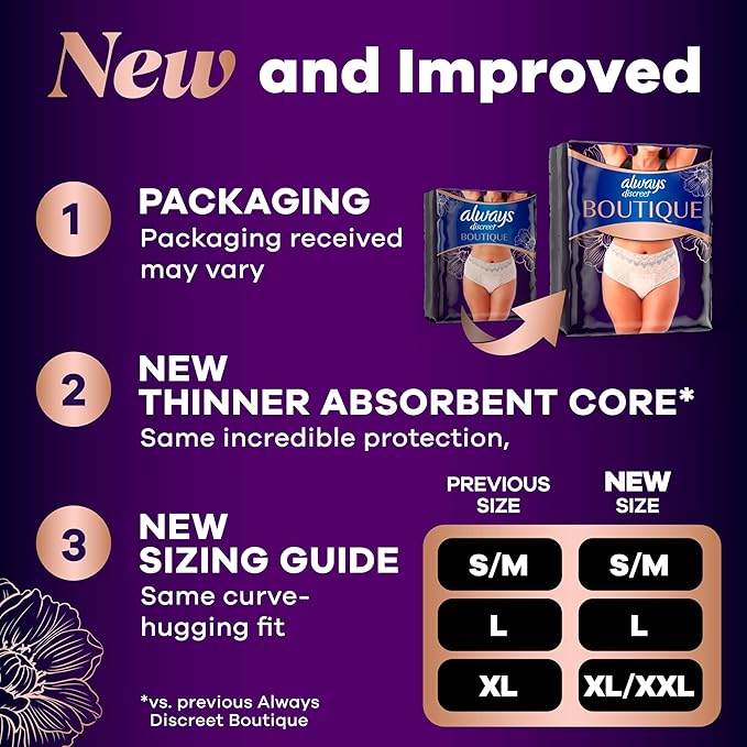 Always Discreet Boutique Incontinence and Postpartum Underwear for Women, Maximum Protection, Small/Medium, Rosy, 48 Count (4 Packs of 12)
