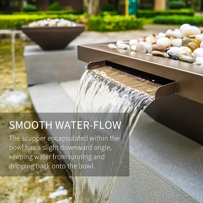 PONDO 24" Square Garden Water Bowl, Stainless Steel Spilling Water Feature for Outdoor Ponds, and Other Landscaped Areas (Antique Brown Coated)