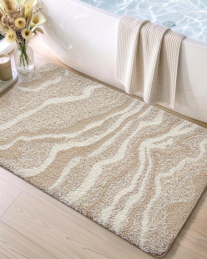 DEXI Bathroom Rug Mat 36x24, Soft and Absorbent Marble Bath Mat, Non Slip Machine Washable Bath Rugs for Shower Floor, Tub, Sink, Beige
