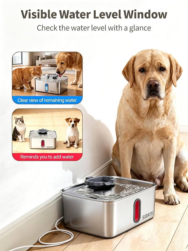 SIBAYS 4Gal/15L Dog Water Fountain for Large Dogs, Stainless Steel Large Pet Water Fountain, Ultra Quiet Automatic Dog Water Bowl Dispenser with Water Level Window and LED Light(FS78, Silver-Grey)
