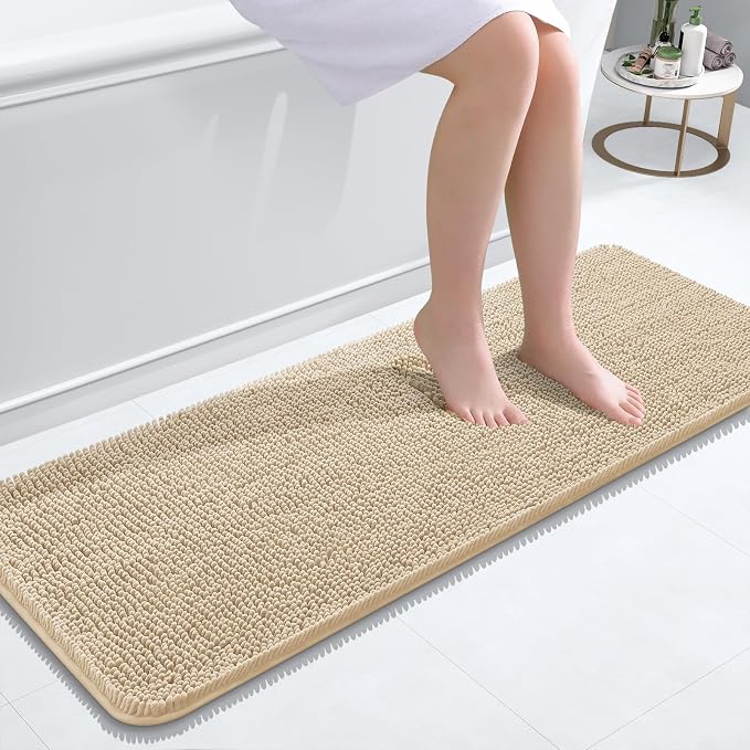 OLANLY Bathroom Runner Rugs 47x17, Extra Soft Absorbent Chenille Bath Rugs, Rubber Backing Quick Dry, Machine Washable Long Bath Mats for Bathroom Floor, Tub and Shower, Home Decor Accessories, Beige