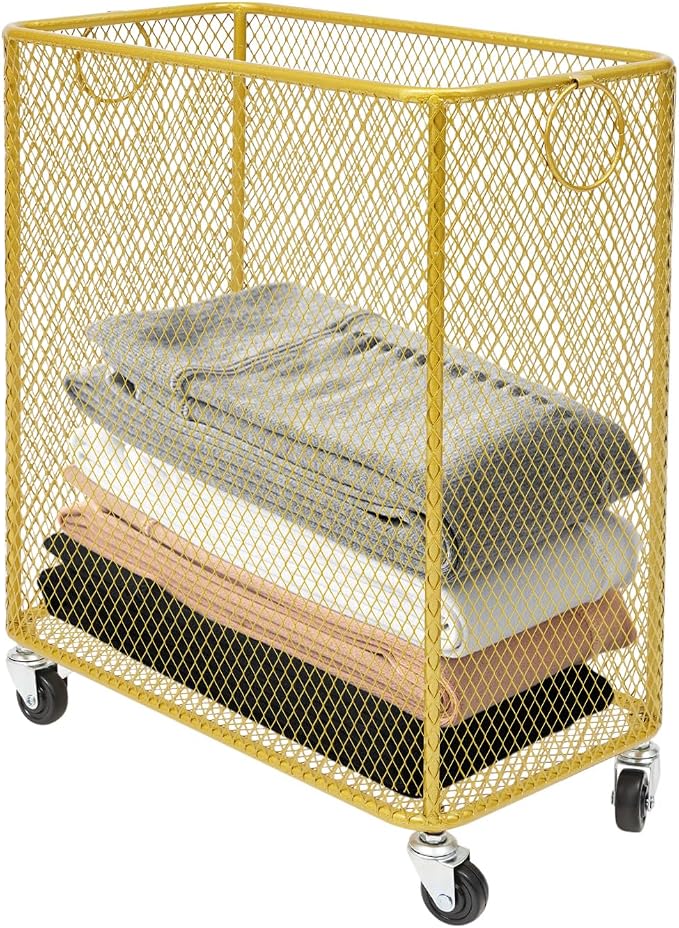 Rolling Laundry Basket Cart, Laundry Hamper with Wheels, Square Metal Mesh Clothes Storage Organizer Hamper with Metal Pull Handle for Laundry Room and Bedroom(Gold, 16.9" x 9" x 17.7")
