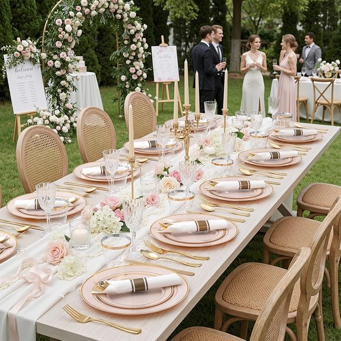 WDF Partyware 350PCS Pink Disposable Plates - Pink Plastic Plates 50Guests Plastic Dinnerware Sets with Rolled Napkins for Wedding/Birthday/Baby shower